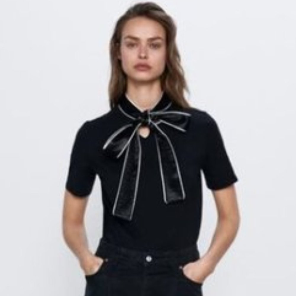 Zara Short Sleeve Shirt With Satin Neck Tie Women's Size Small